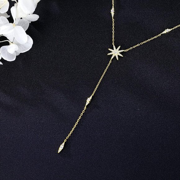 925 Sterling Silver Star Y Necklace for Women Teens CZ Star Necklace Choker Neck - Picture 5 of 7